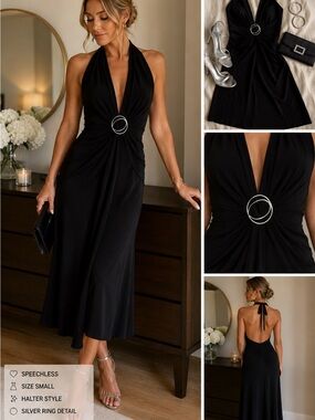 Speechless Black Halter Backless Midi Dress with Silver Ring Detail